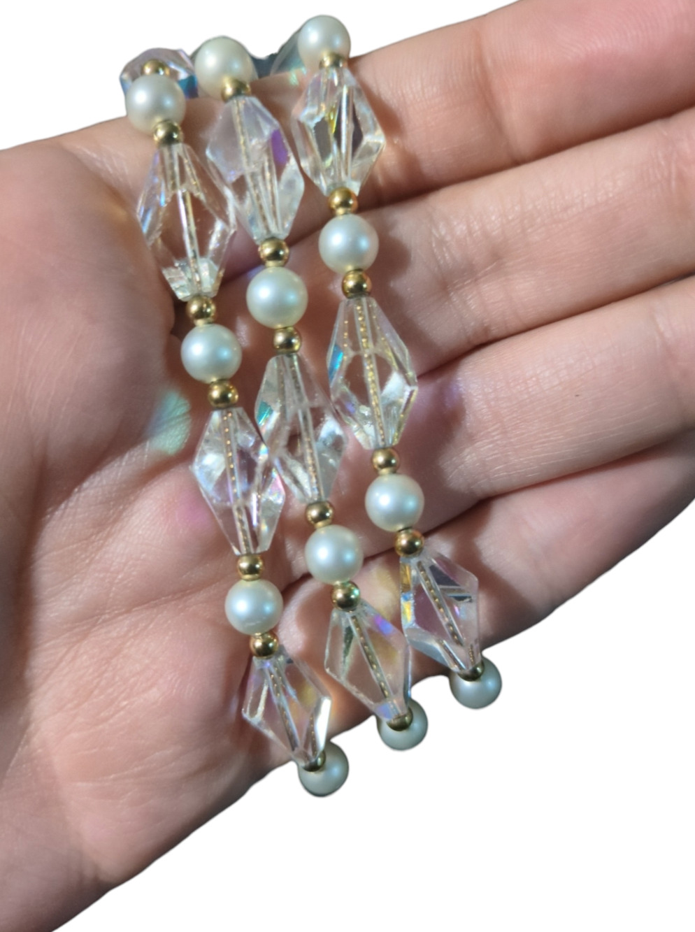Vintage Napier Multi-Strand Aurora Borealis Crystal and Faux Pearl Bracelet